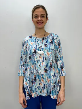 Abstract Blue Block 3/4 Sleeve Shark-bite Pattern Tunic