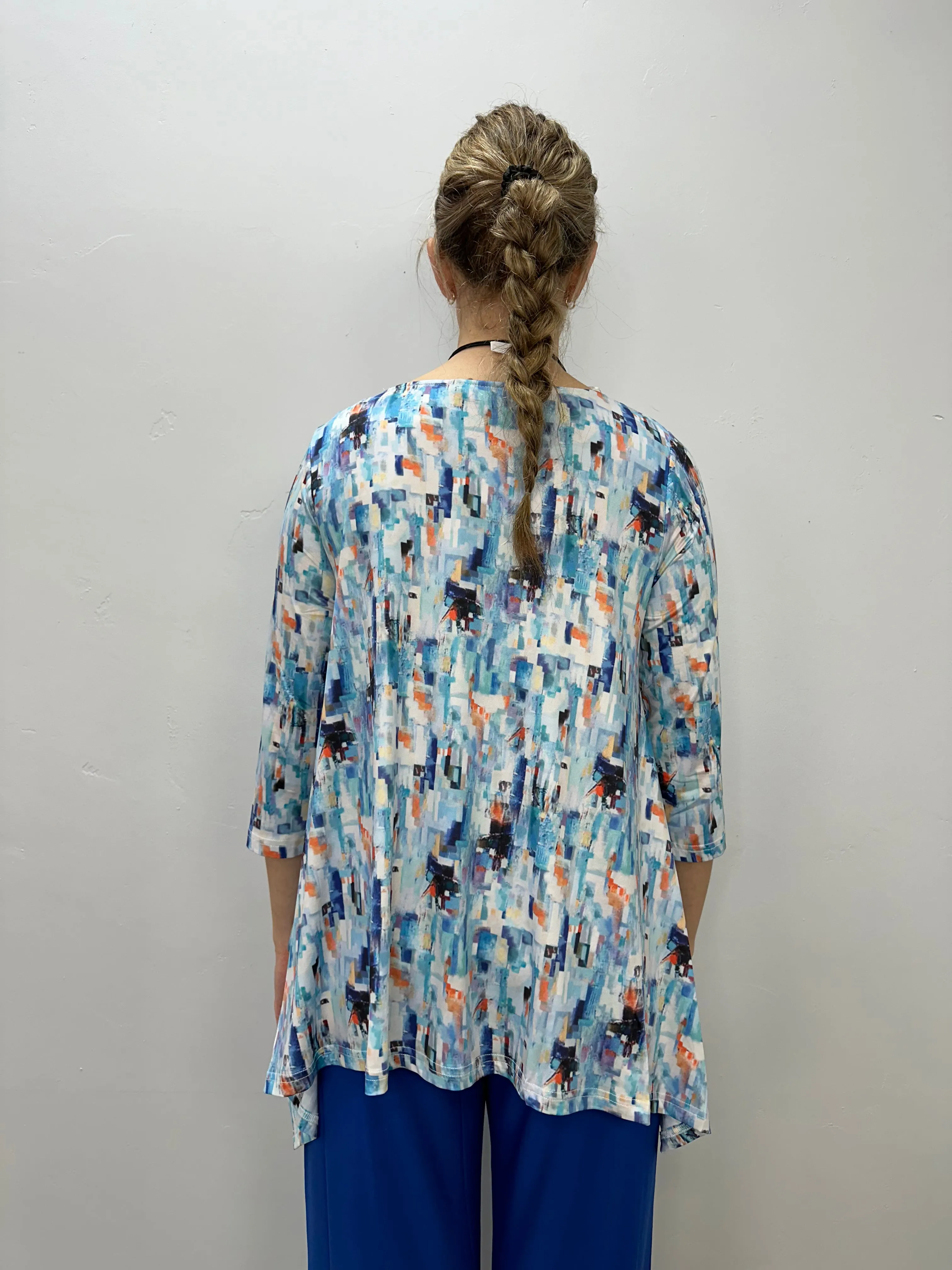 Abstract Blue Block 3/4 Sleeve Shark-bite Pattern Tunic