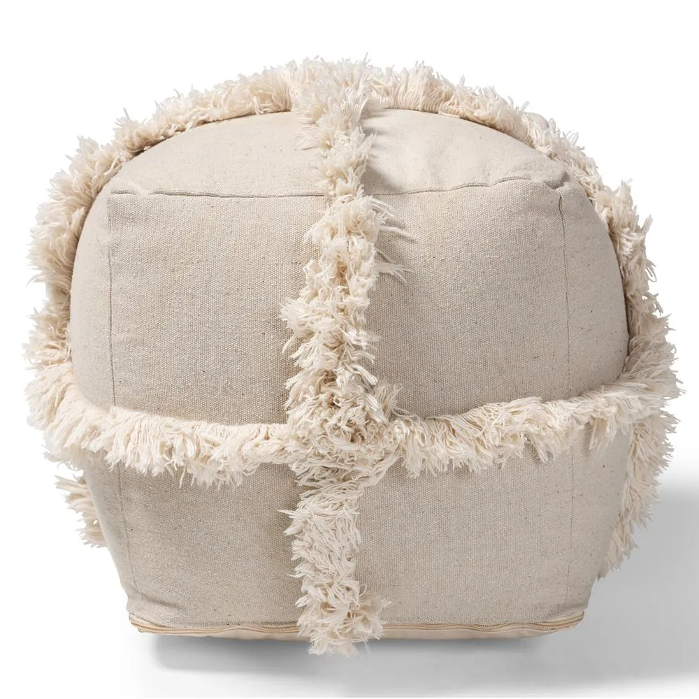 Alfro Moroccan Inspired Beige Handwoven Cotton Fringe Pouf Ottoman