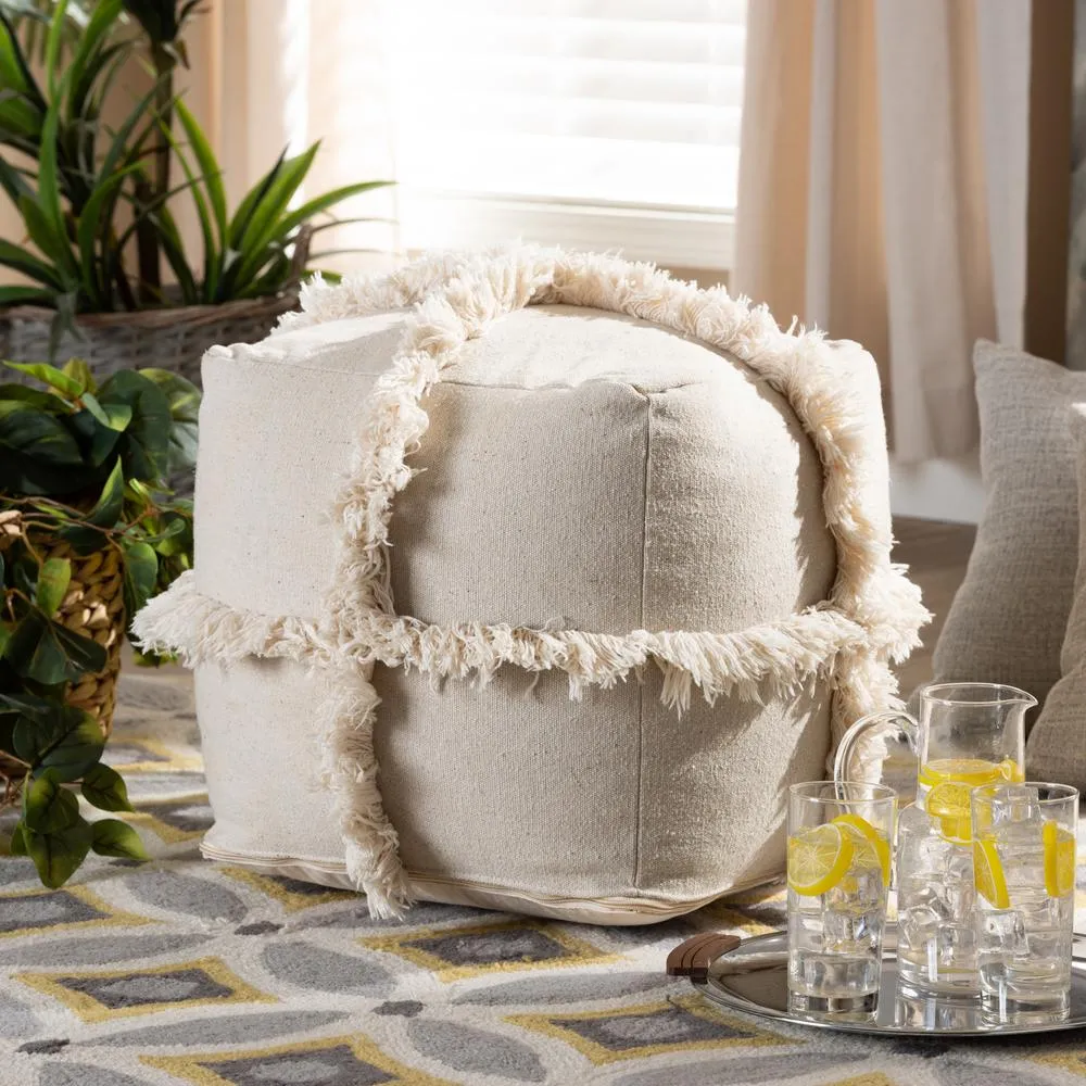 Alfro Moroccan Inspired Beige Handwoven Cotton Fringe Pouf Ottoman