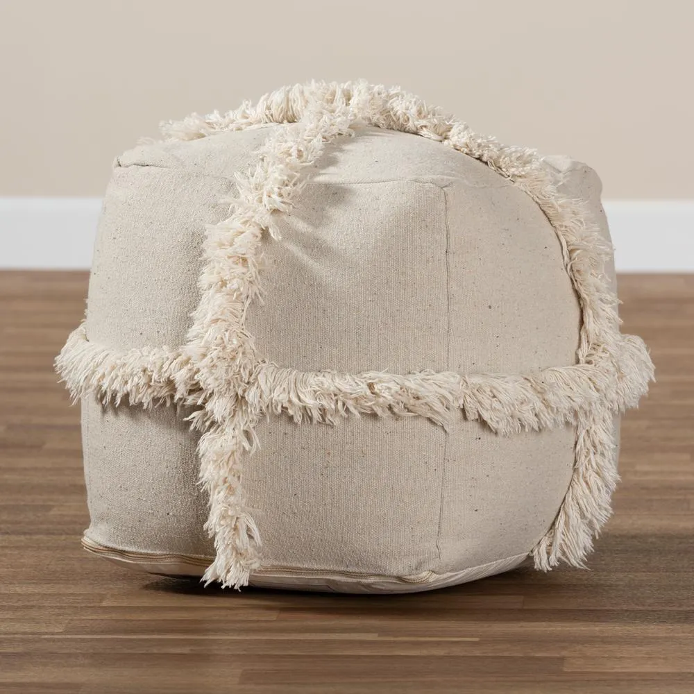 Alfro Moroccan Inspired Beige Handwoven Cotton Fringe Pouf Ottoman