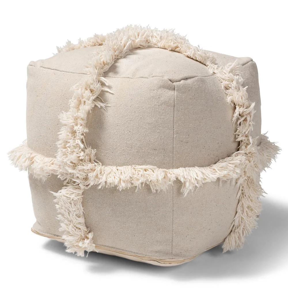 Alfro Moroccan Inspired Beige Handwoven Cotton Fringe Pouf Ottoman