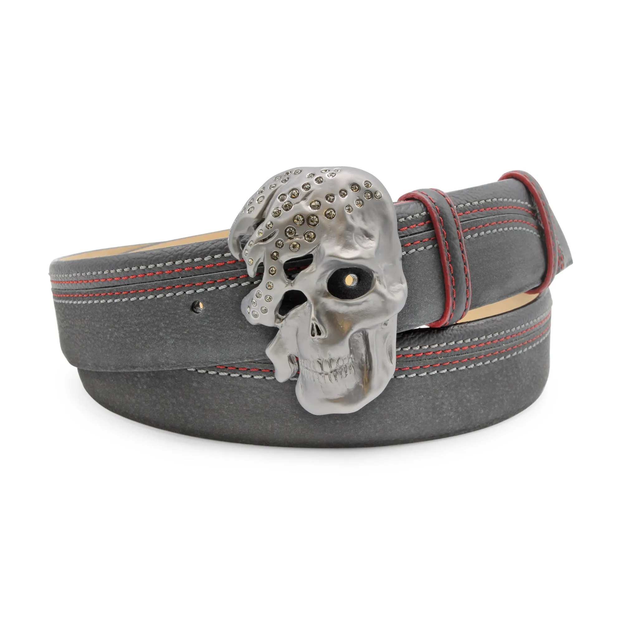 Asphalt Grey 'Sellers' Nubuck/Leather Mix Quad Stitch Crystal Skull Belt