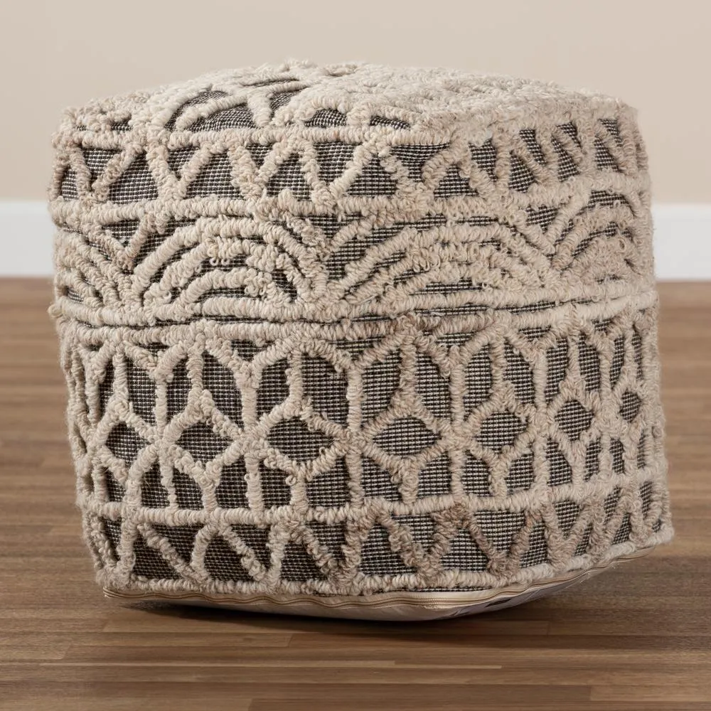 Avery Moroccan Inspired Beige and Brown Handwoven Cotton Pouf Ottoman