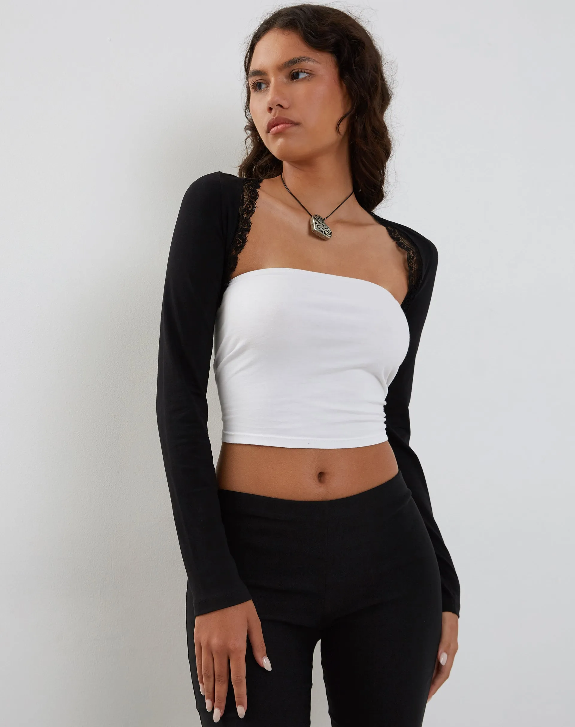 Avya Lace Trim Shrug Top in Lycra Lace Black