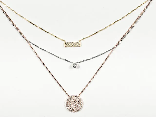 Beautiful 3 Layer Tri-Color Bar, Bezel CZ & Round Disc Silver Necklace