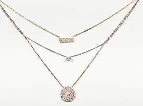 Beautiful 3 Layer Tri-Color Bar, Bezel CZ & Round Disc Silver Necklace