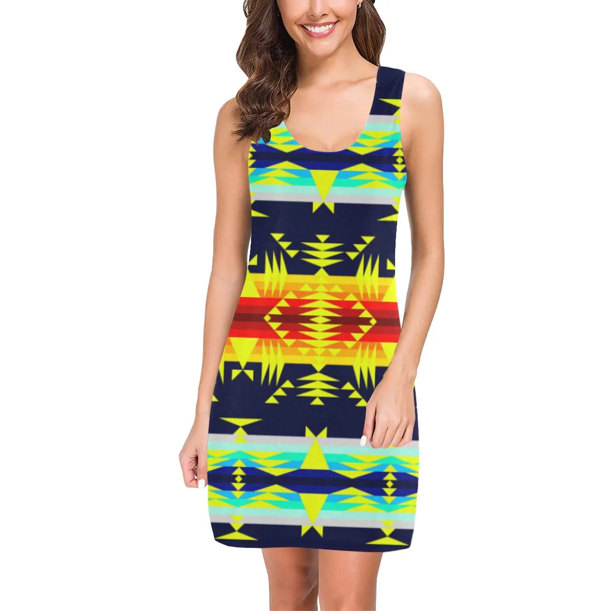 Between the Mountains Navy Yellow IkstsÃ­miwa Vest Dress