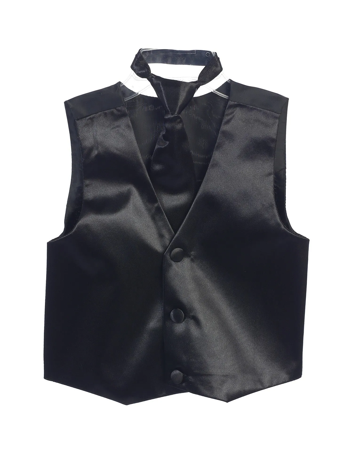 Big Boys Black Three Button Satin Vest Tie 2 Pc Set 8-16