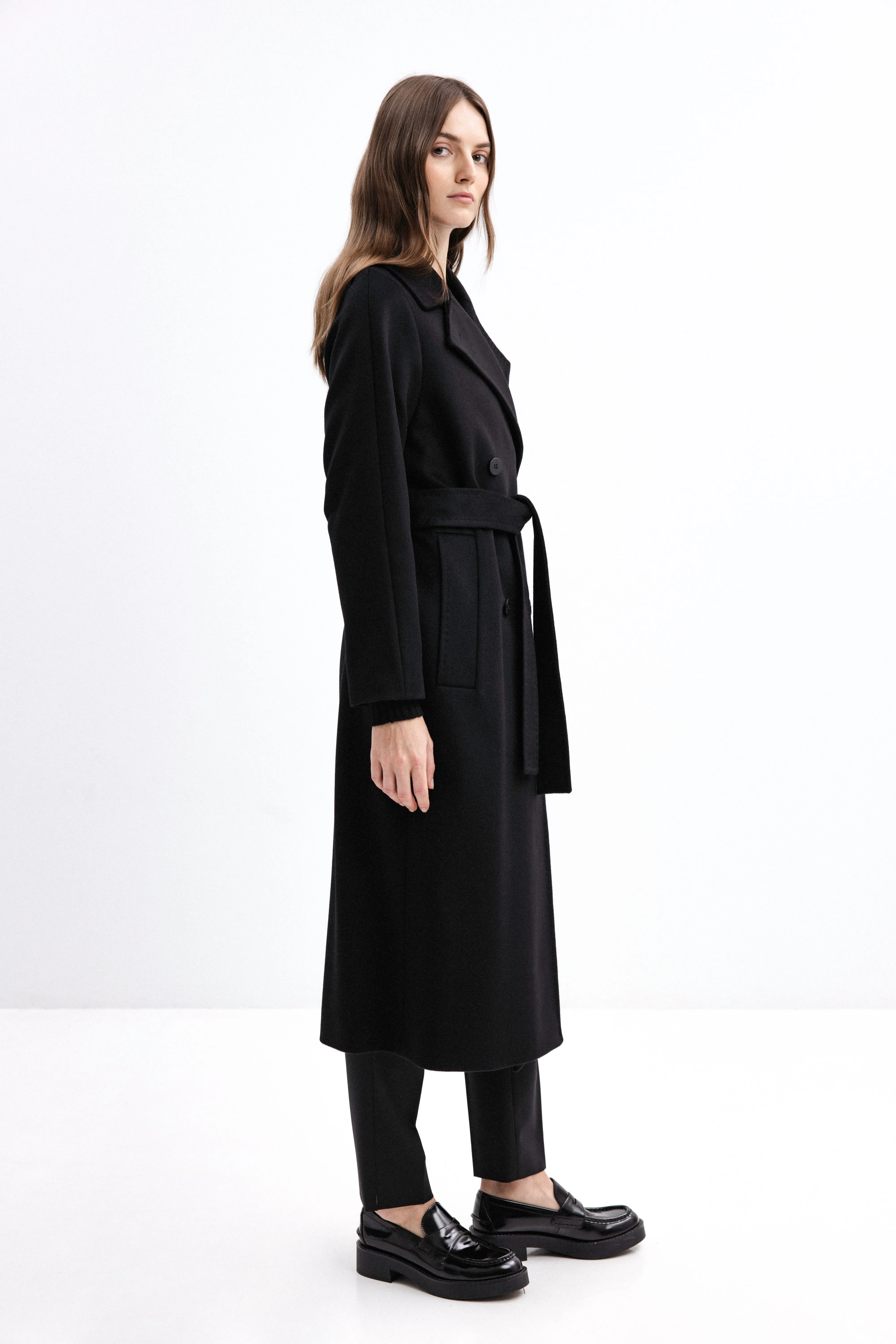 BLACK BELTED WOOL COAT