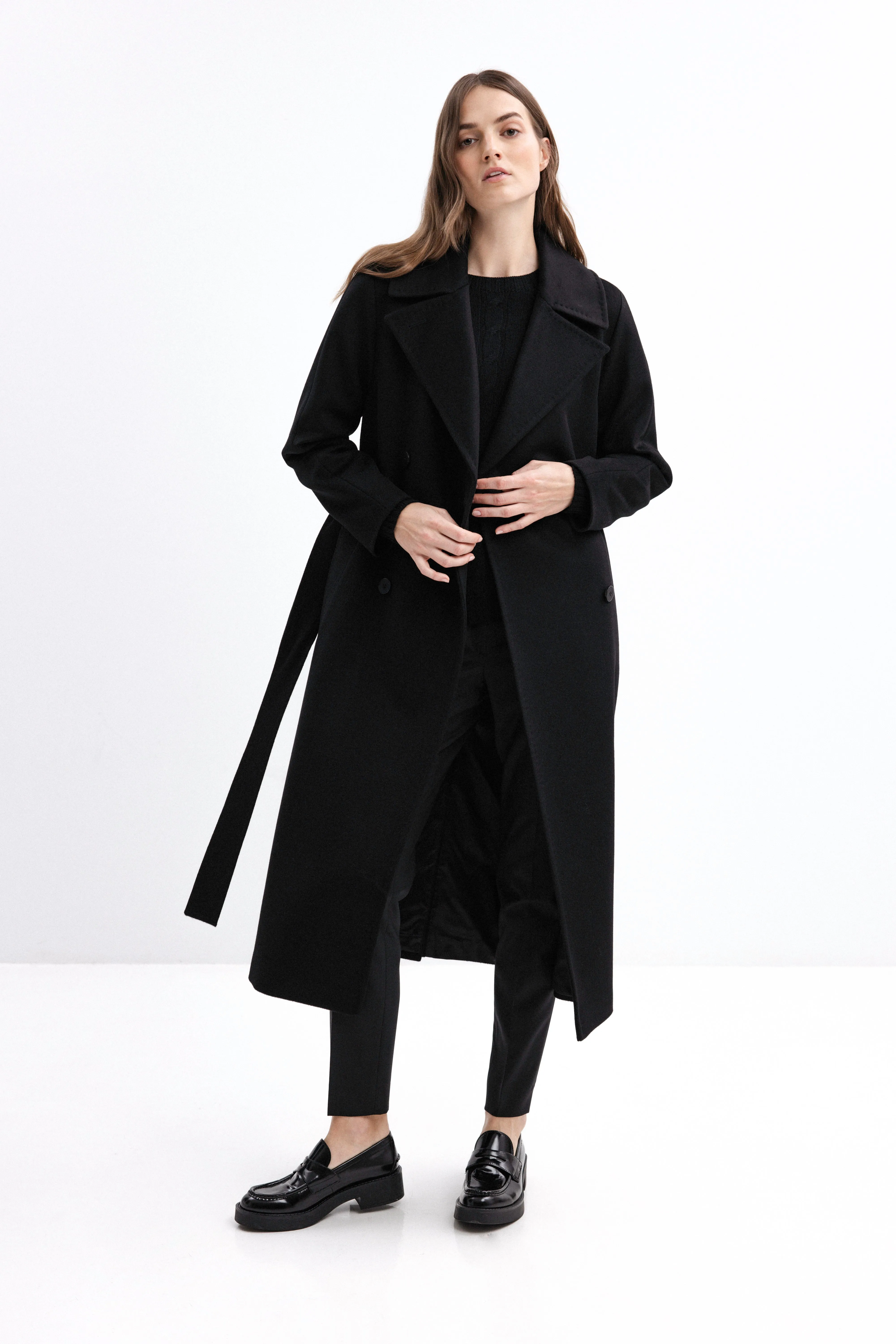 BLACK BELTED WOOL COAT