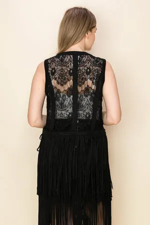 Black Lace & Studs Ultra Suede Vest w/ Fringe