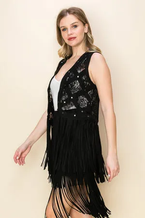 Black Lace & Studs Ultra Suede Vest w/ Fringe