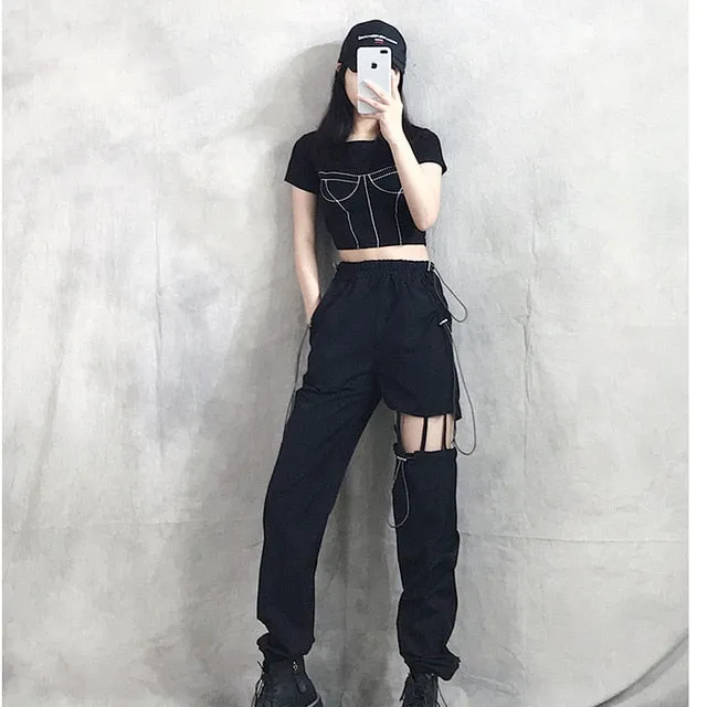 Blackpink Lisa Suspender Cutout Black Cargo Pants