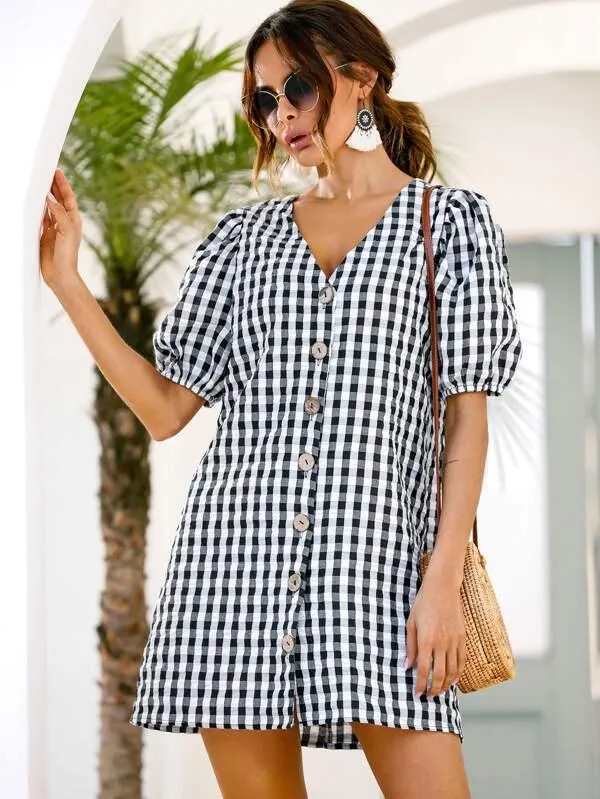 Button Up Gingham Shirt Dress