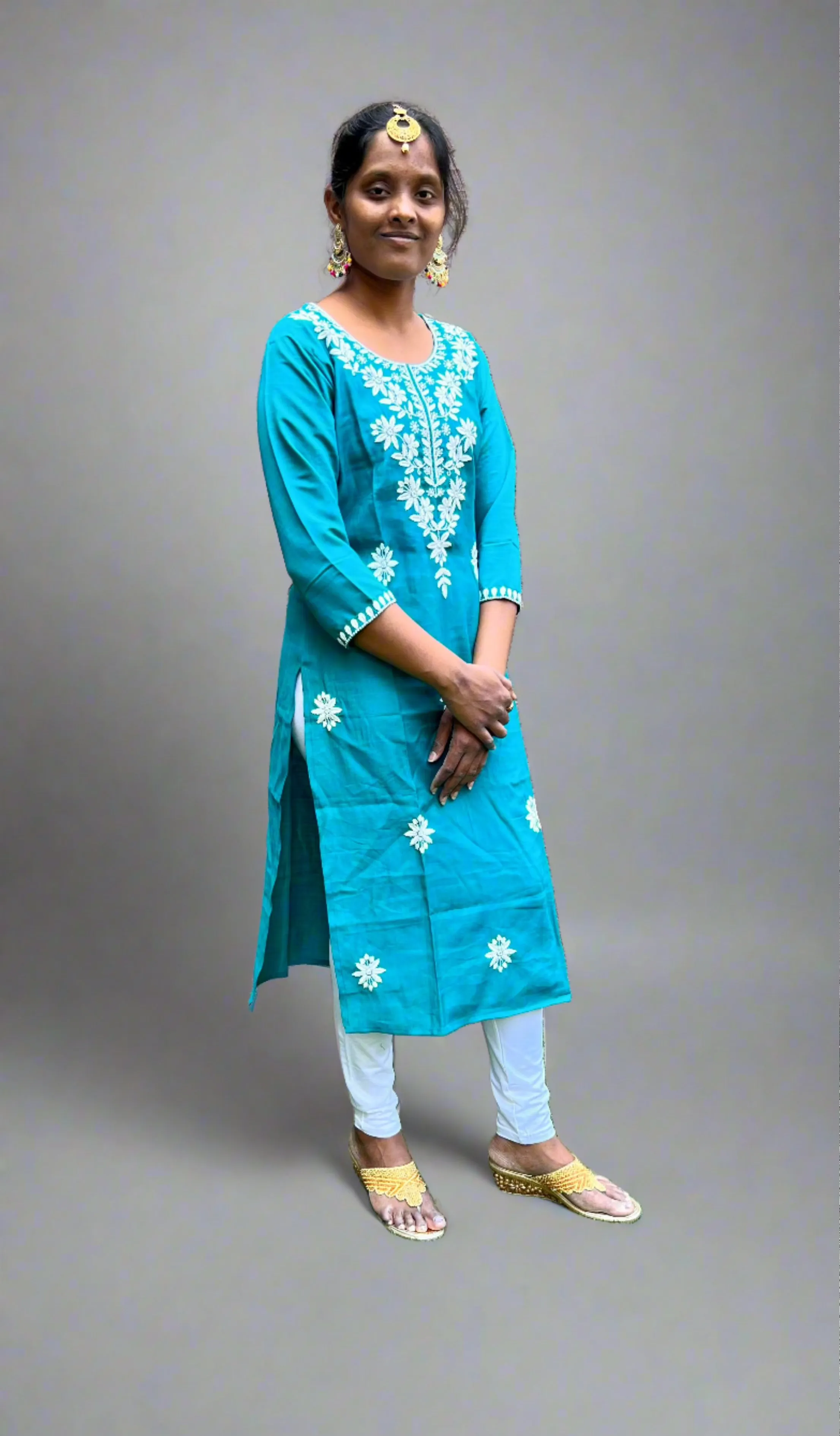 Cotton  Embroidered Teal Kurta