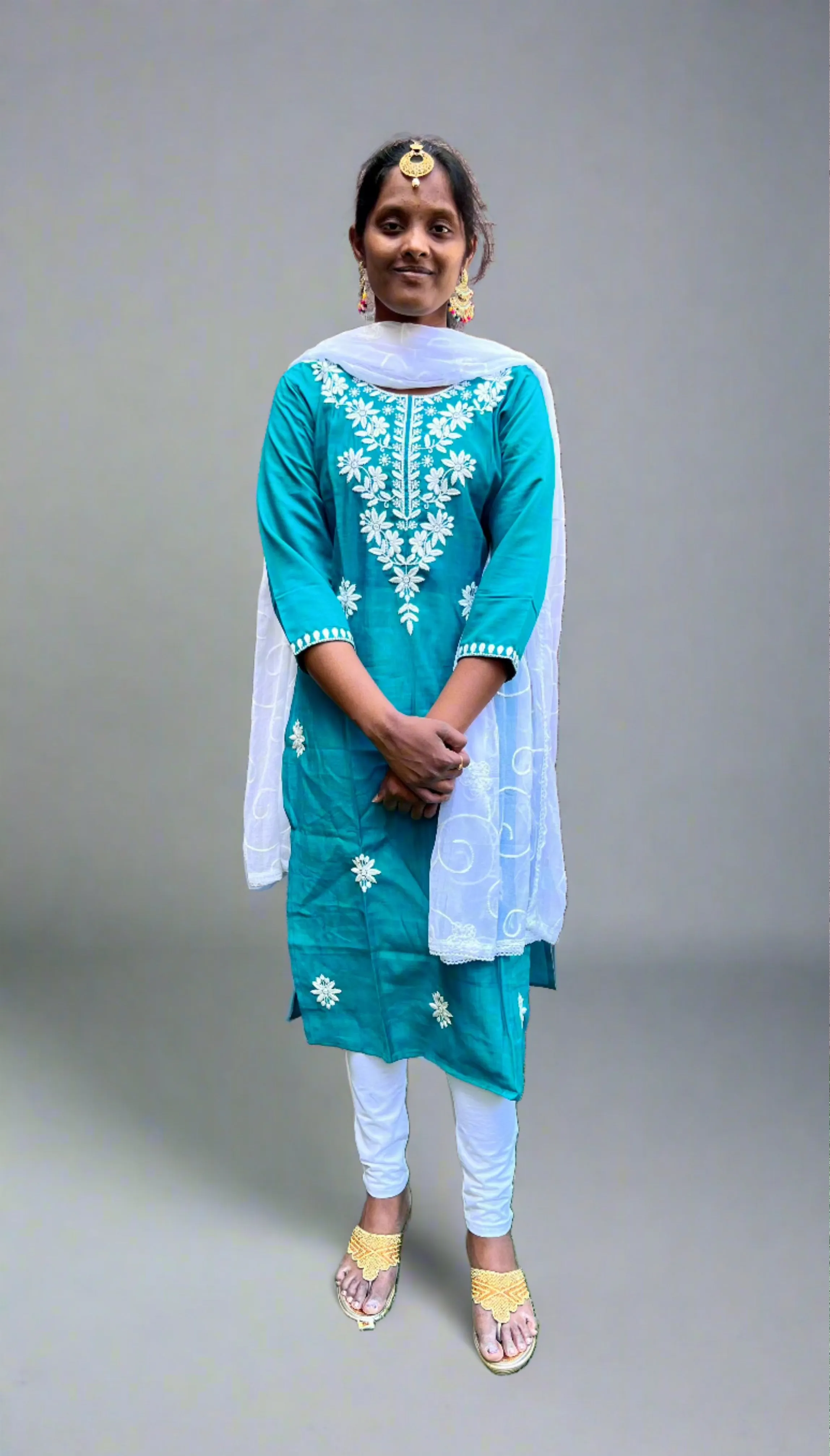 Cotton  Embroidered Teal Kurta