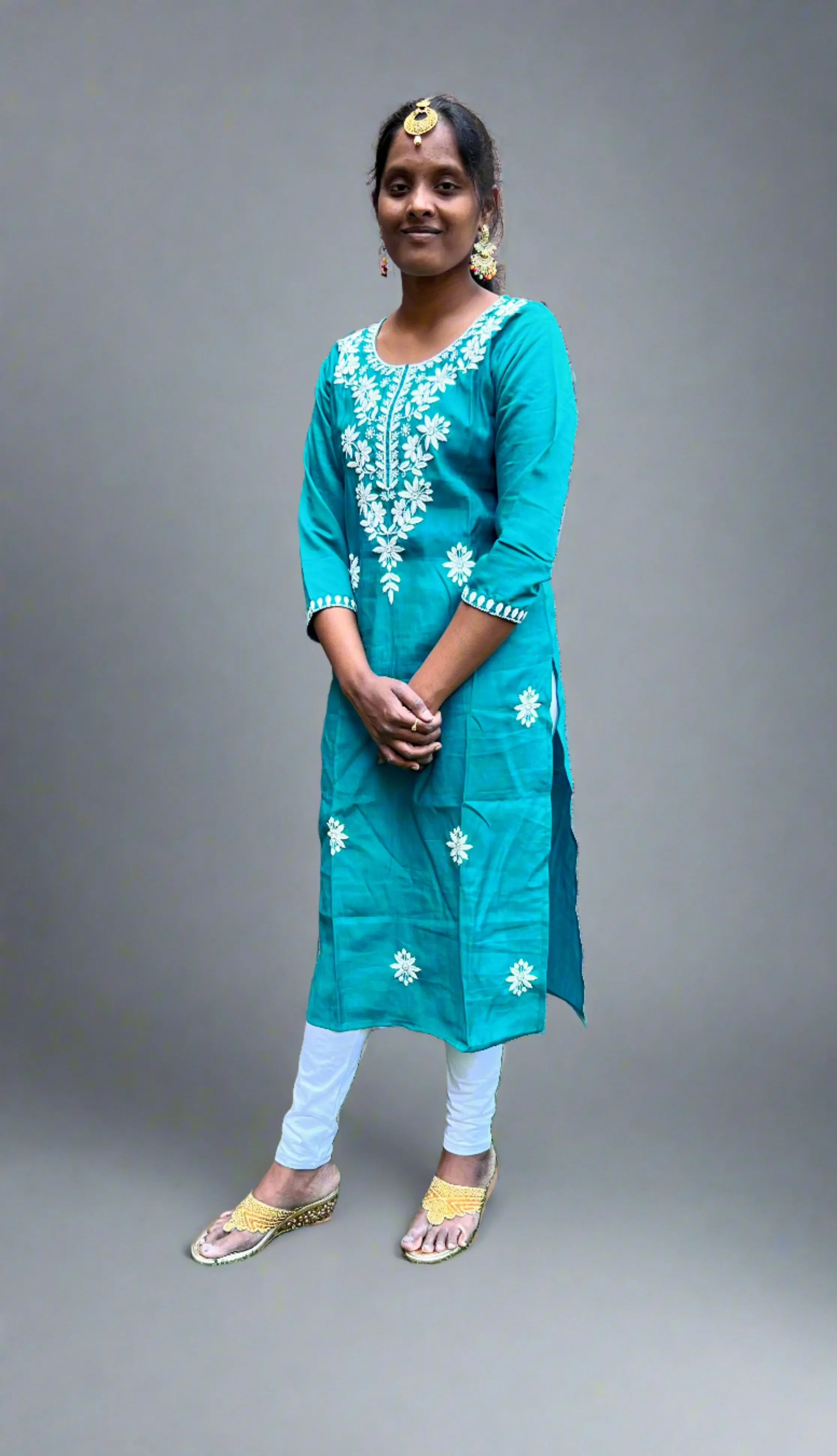 Cotton  Embroidered Teal Kurta