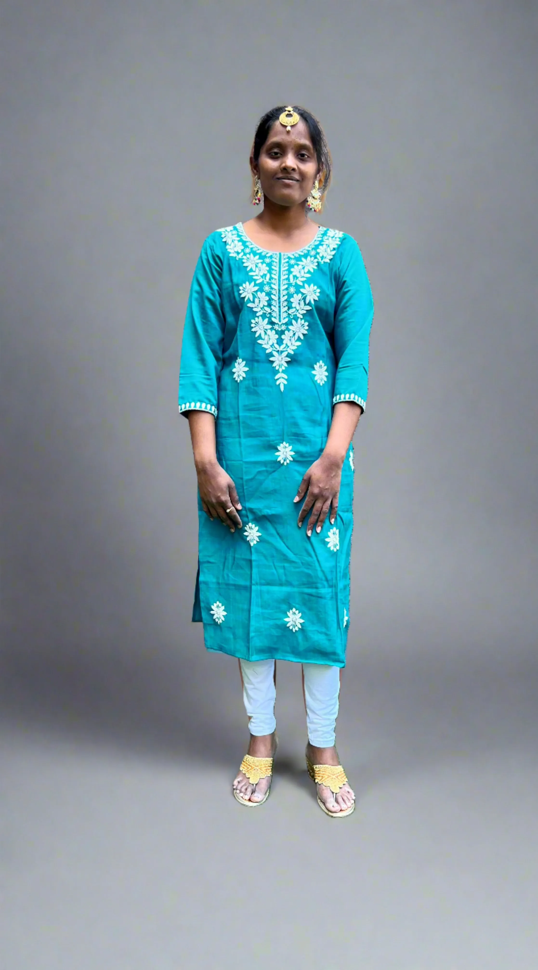 Cotton  Embroidered Teal Kurta