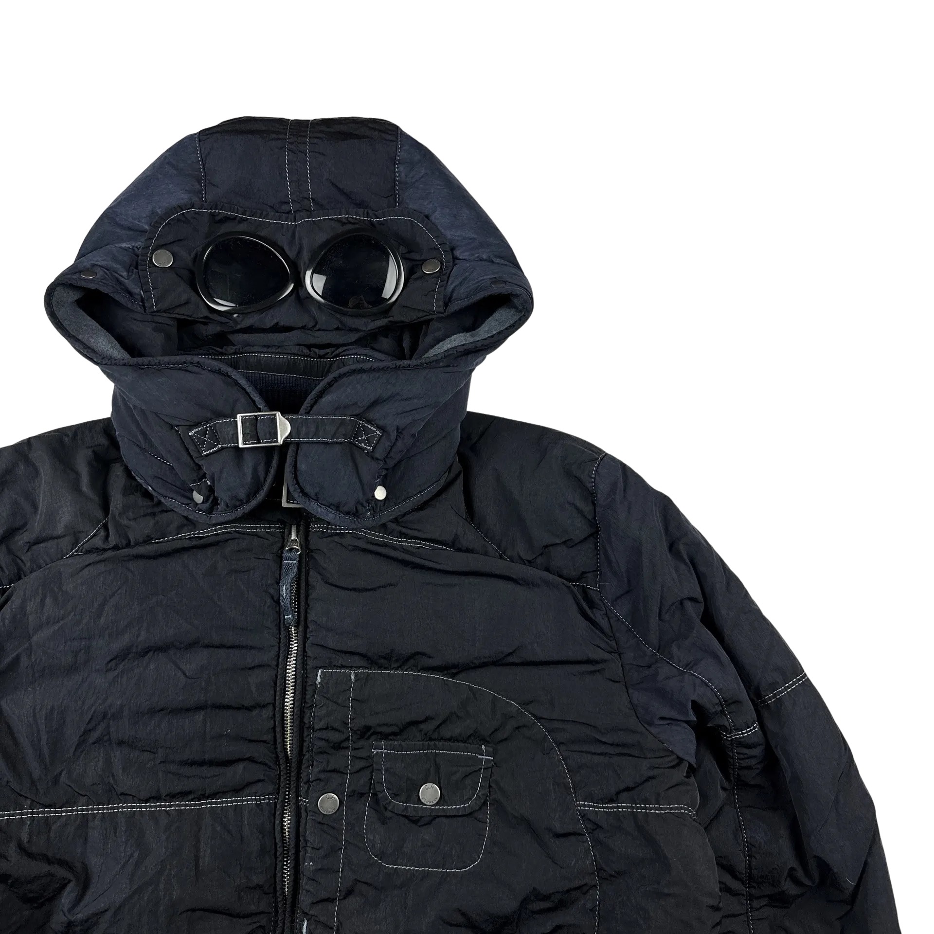 CP Company 2000s Navy Down Filled Contrast Stitch Goggle Jacket - Large