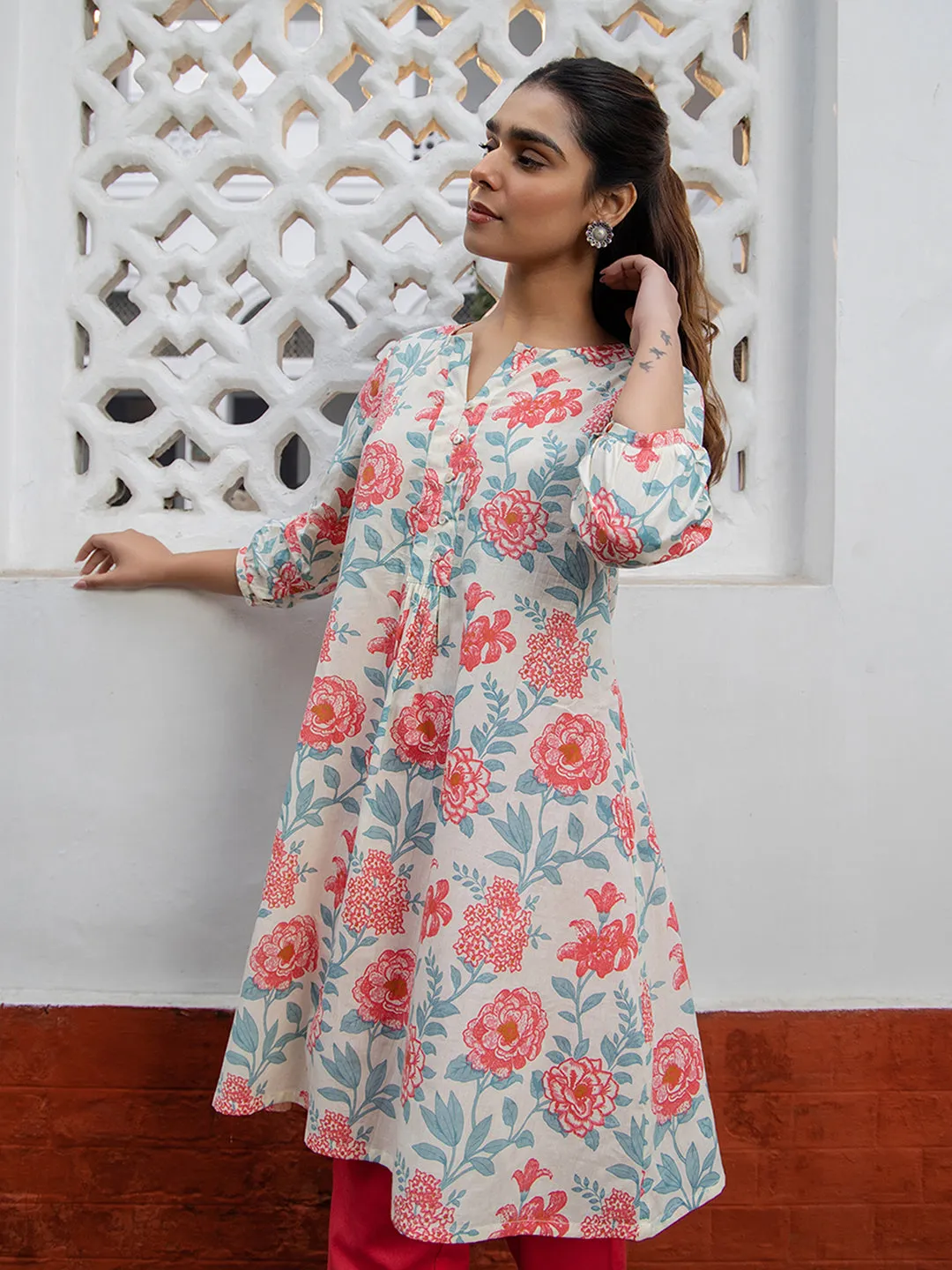 Cream Cotton Floral A-Line Tunic