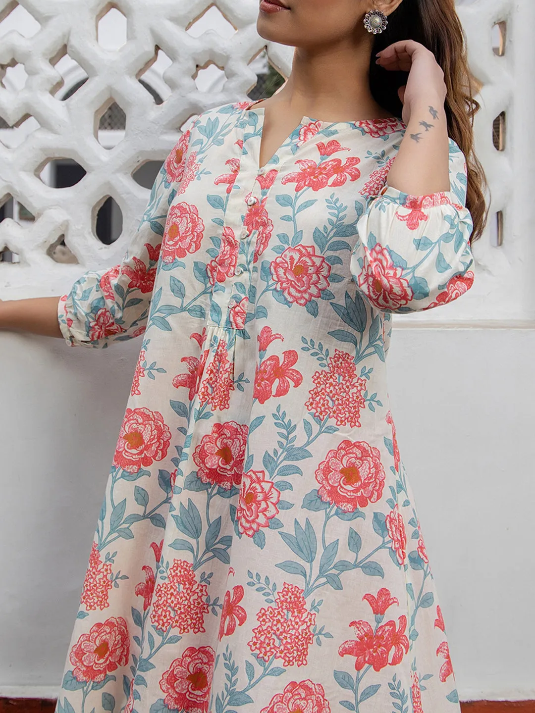 Cream Cotton Floral A-Line Tunic