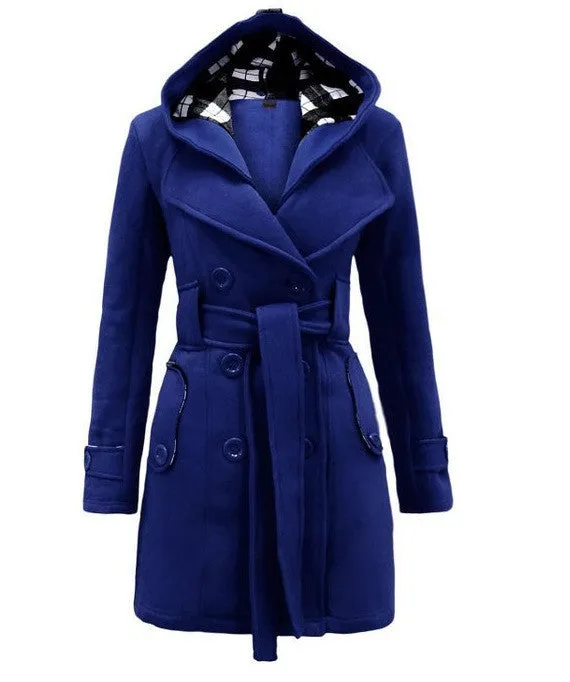 Double Breasted Long with Belt Hooded Coat with Plus Size