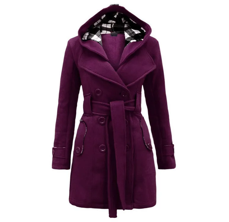 Double Breasted Long with Belt Hooded Coat with Plus Size