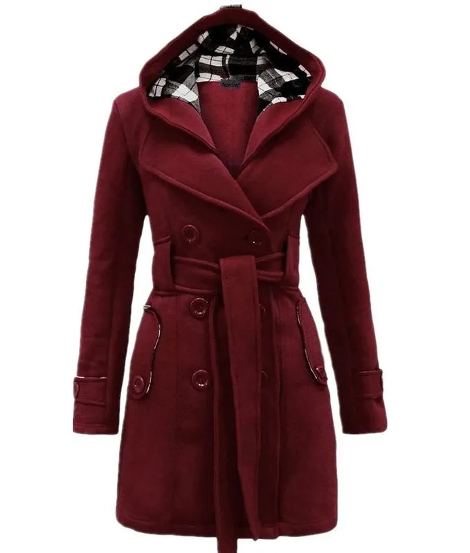 Double Breasted Long with Belt Hooded Coat with Plus Size