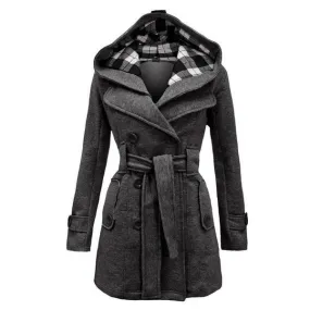 Double Breasted Long with Belt Hooded Coat with Plus Size