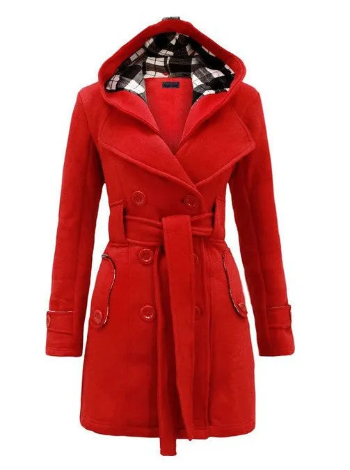 Double Breasted Long with Belt Hooded Coat with Plus Size