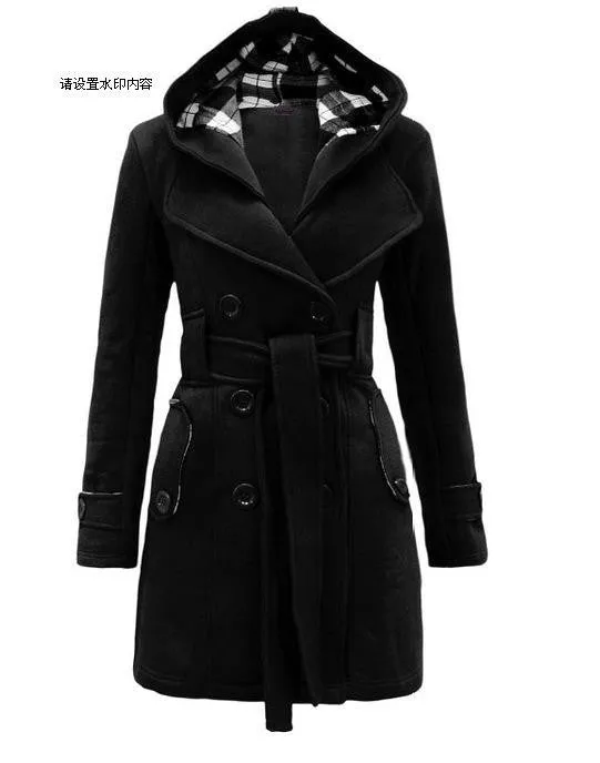 Double Breasted Long with Belt Hooded Coat with Plus Size