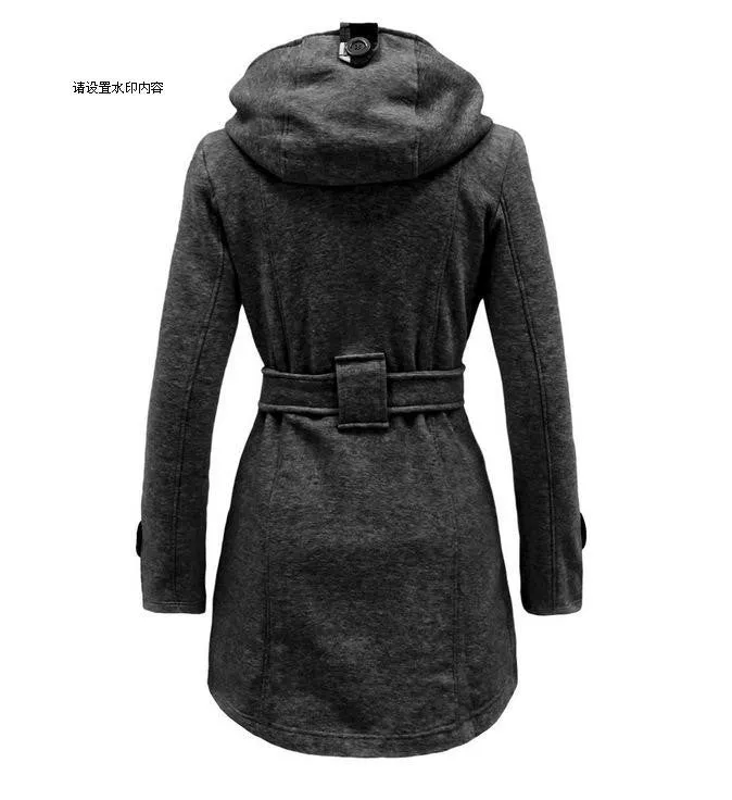 Double Breasted Long with Belt Hooded Coat with Plus Size