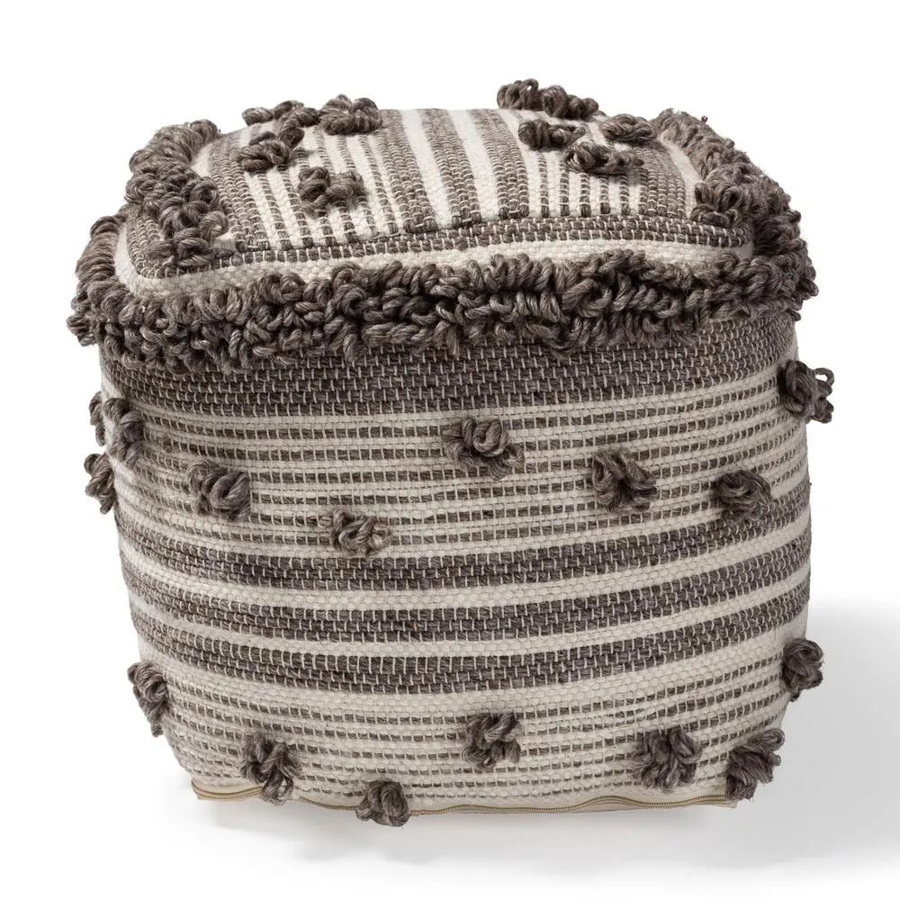 Eligah Moroccan Inspired Ivory and Brown Handwoven Wool Pouf Ottoman