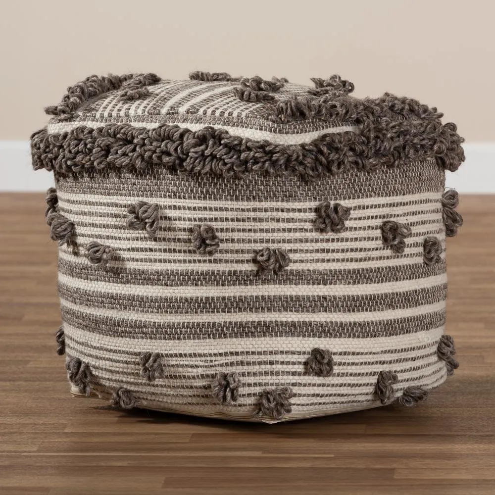 Eligah Moroccan Inspired Ivory and Brown Handwoven Wool Pouf Ottoman