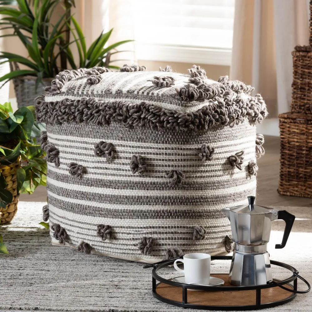 Eligah Moroccan Inspired Ivory and Brown Handwoven Wool Pouf Ottoman