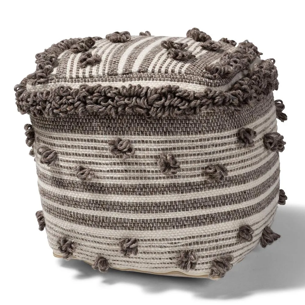 Eligah Moroccan Inspired Ivory and Brown Handwoven Wool Pouf Ottoman