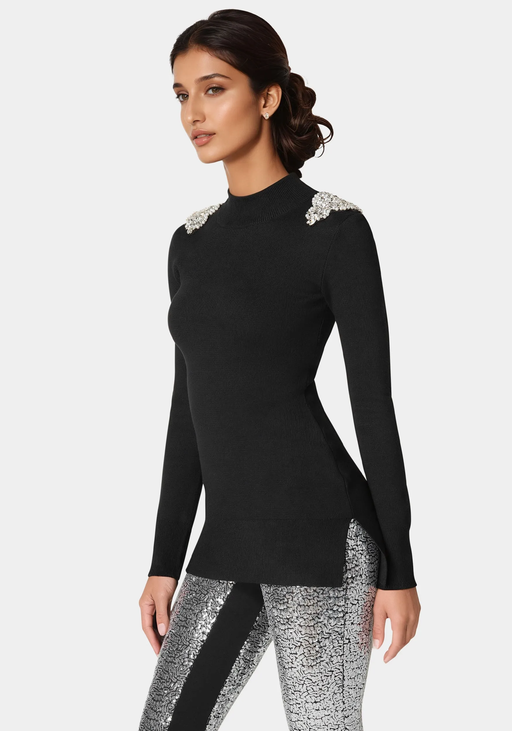 Embellished Mock Neck Tunic Sweater