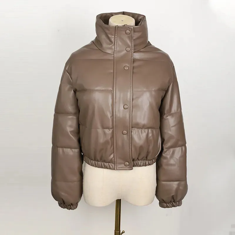 Faux Leather Stylish Puffer Short Jacket