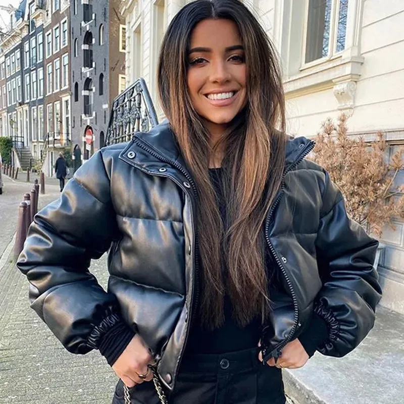 Faux Leather Stylish Puffer Short Jacket