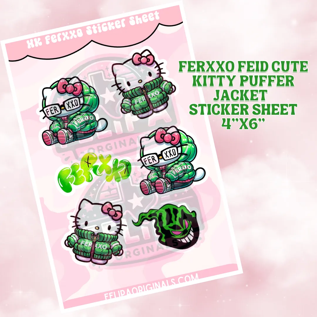 Ferxxo Feid Cute Kitty Puffer jacket 4”x6” laminated waterproof glossy perfect for laptop water bottles