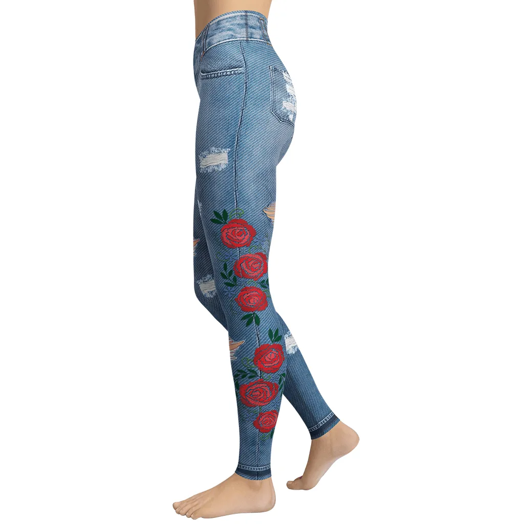 Floral Denim Print Yoga Leggings