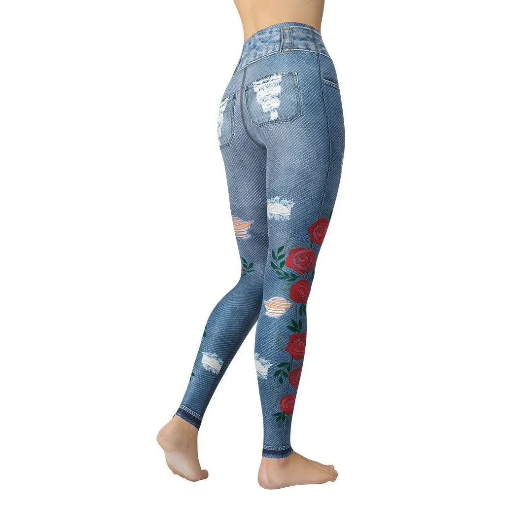 Floral Denim Print Yoga Leggings