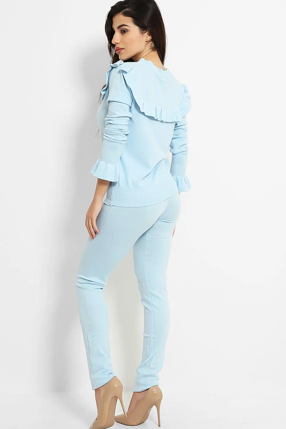 FRILL BOW NECKLINE JUMPER & TROUSERS KNIT PALE BLUE LOUNGE SET