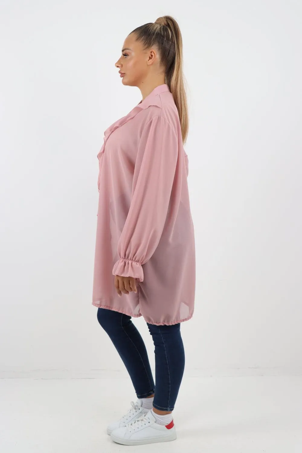 Full Ruffle Front Long Sleeve V Neck Shirt Top