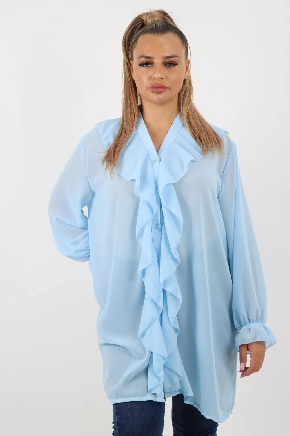 Full Ruffle Front Long Sleeve V Neck Shirt Top