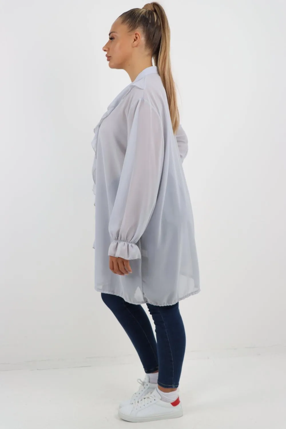 Full Ruffle Front Long Sleeve V Neck Shirt Top