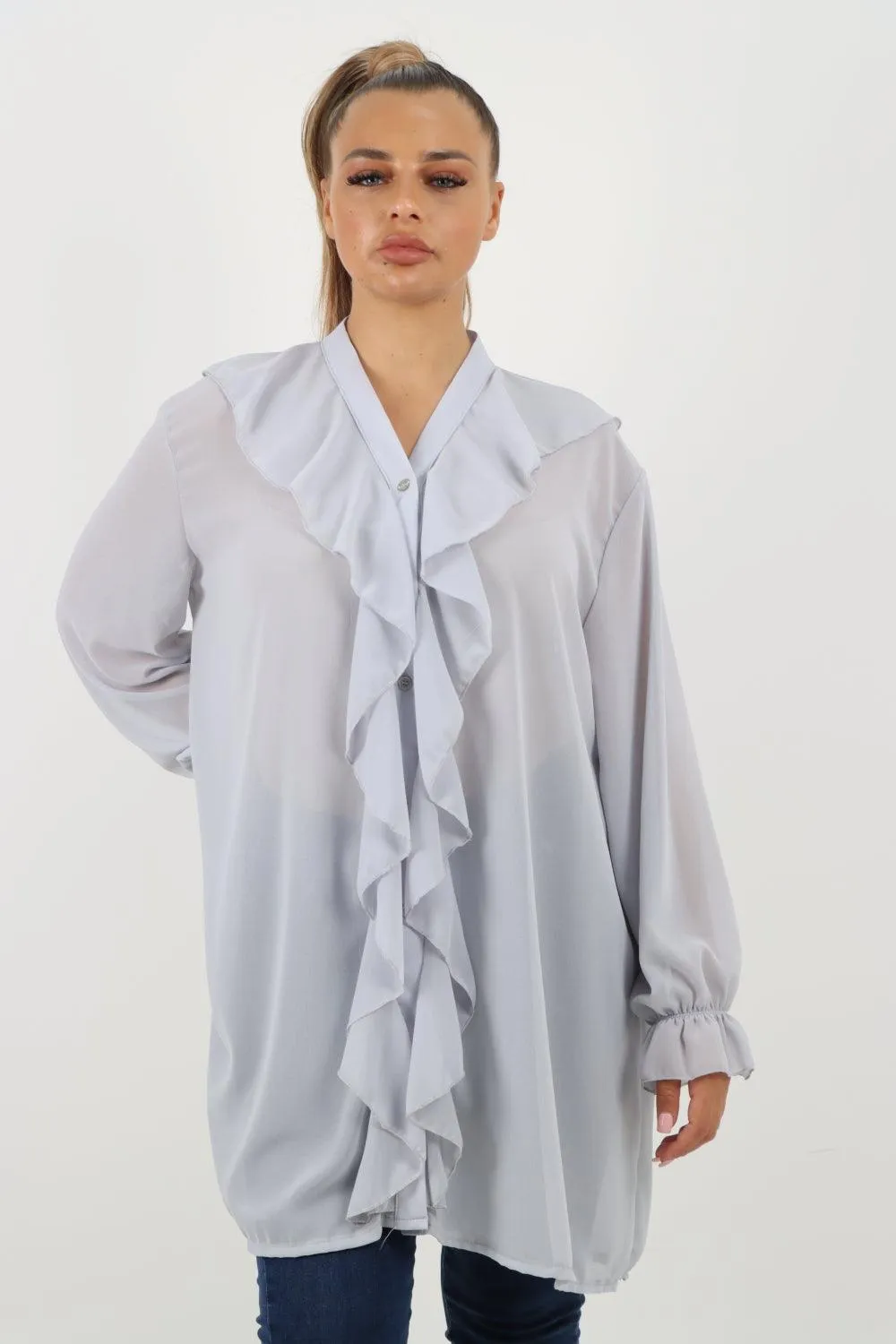 Full Ruffle Front Long Sleeve V Neck Shirt Top