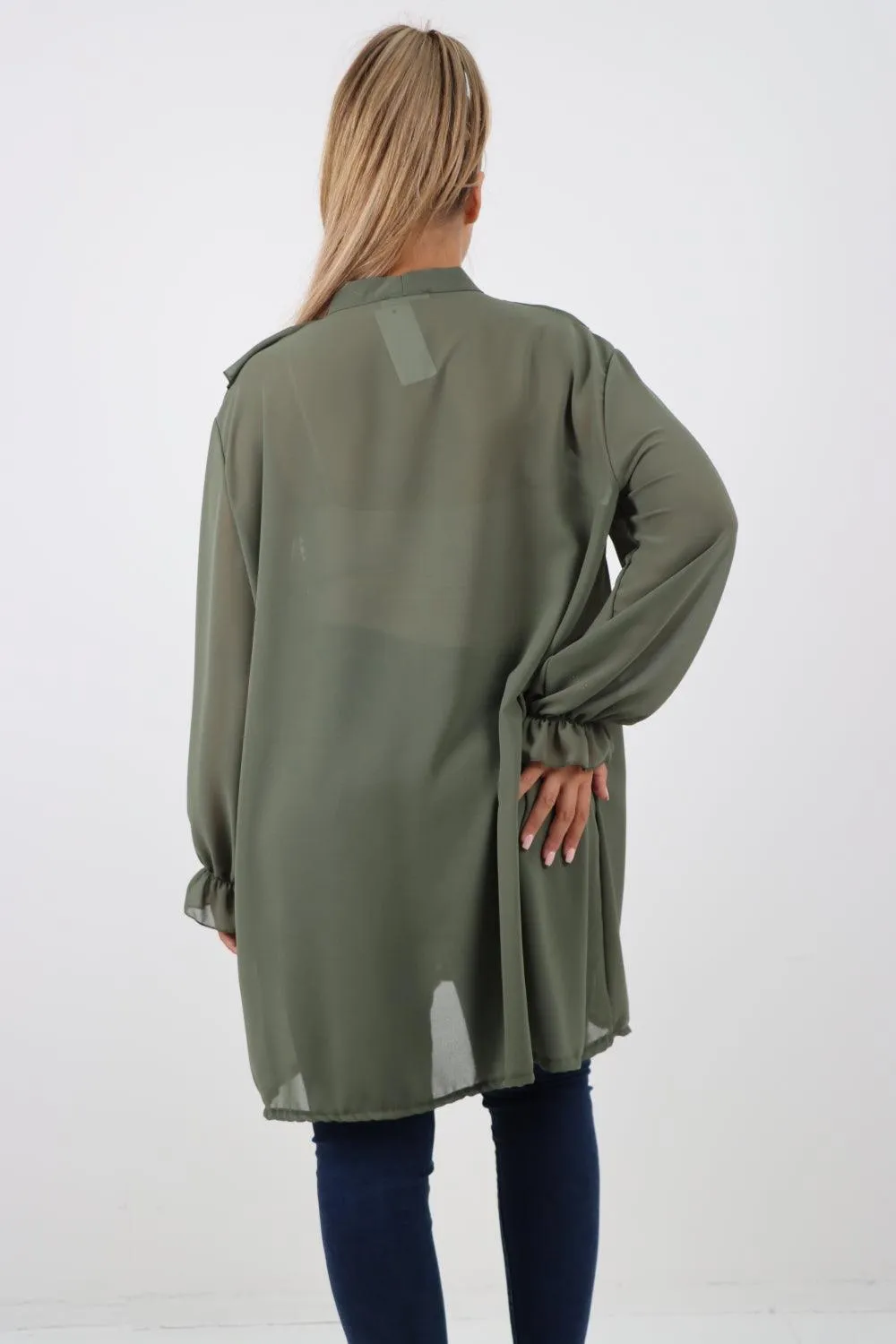 Full Ruffle Front Long Sleeve V Neck Shirt Top