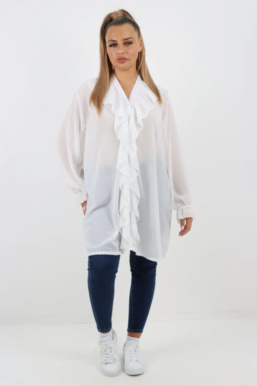 Full Ruffle Front Long Sleeve V Neck Shirt Top